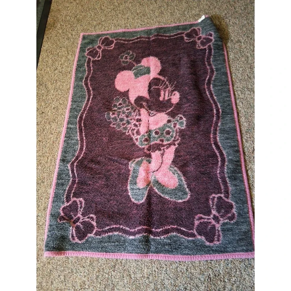 VTG Biederlack Blanket Disney Minnie Mouse Fleece Throw Reversible Pink 38x54
